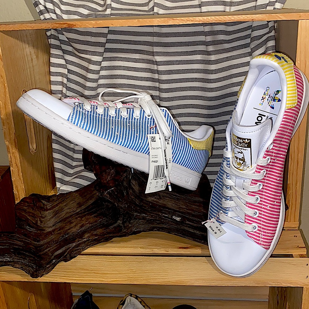 #81 Adidas ‘Stan Smith’ Laced Sneakers - Blue, Pink, Yellow & White